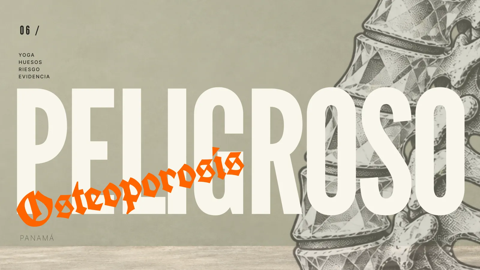 Columna vertebral de cristal con los textos «Peligroso» y «Osteoporosis». Ilustración sobre yoga y osteoporosis.
